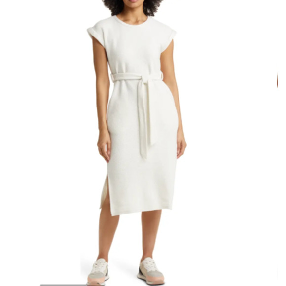 Caslon Textured Knit Tie Waist Midi Dress in Ivory Women's Medium - Picture 1 of 14